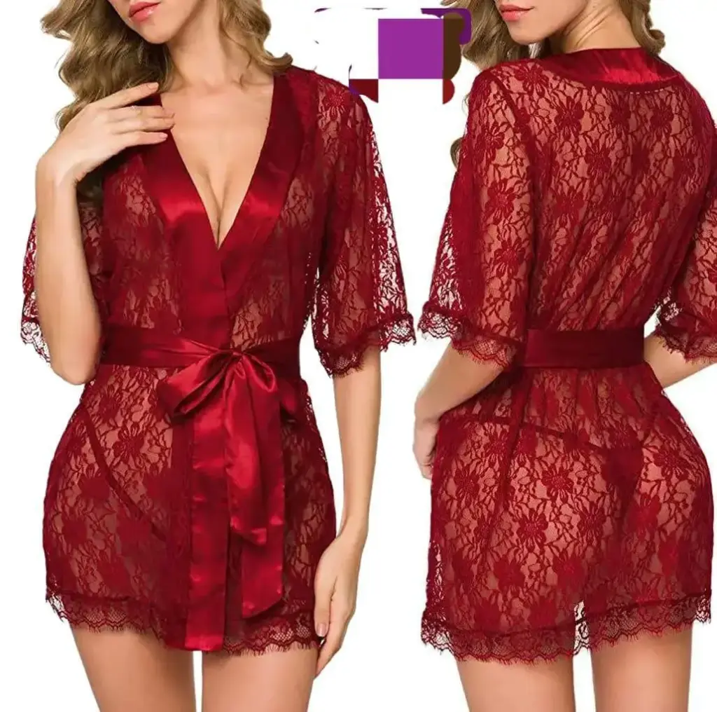 Silk Lace-work nightgown-2 pcs set in maroon