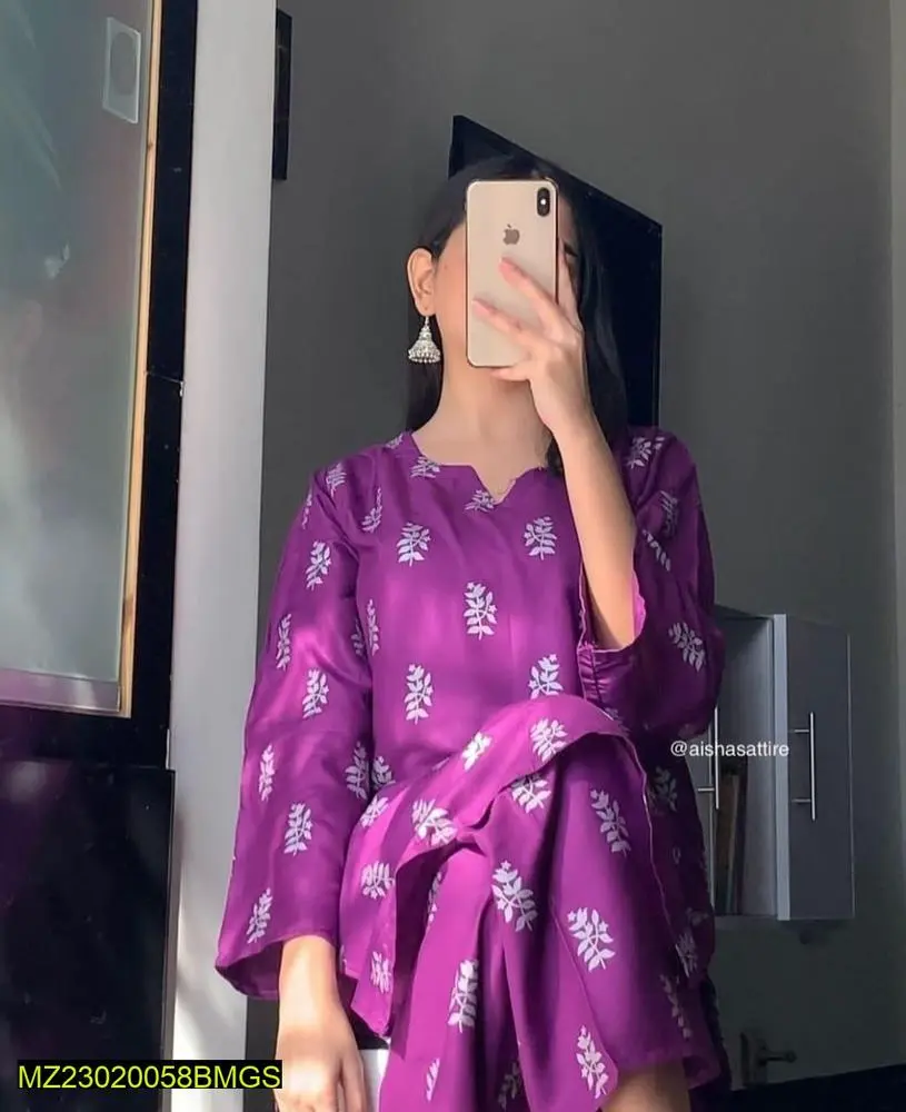 Two piece women's stitched linen black printed shirt and trouser