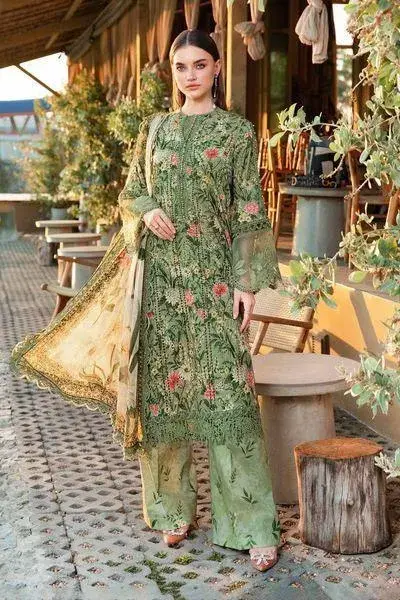 Elegant 3 pcs green suit with block printed and embroidered details