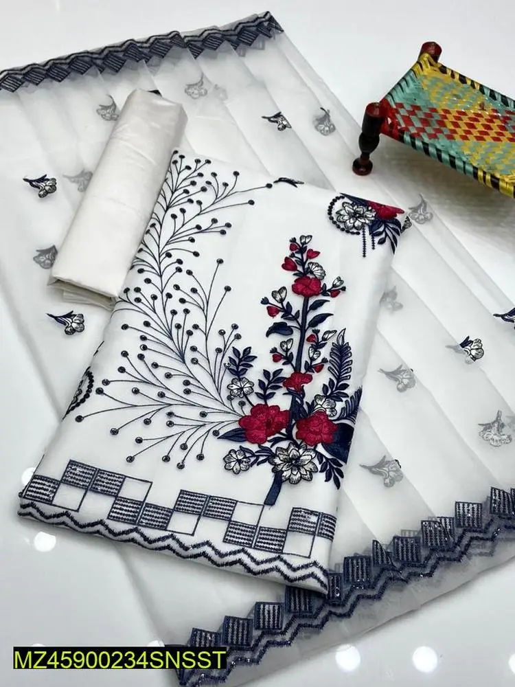 3 pcs woman's unstitched organza embroidered suit